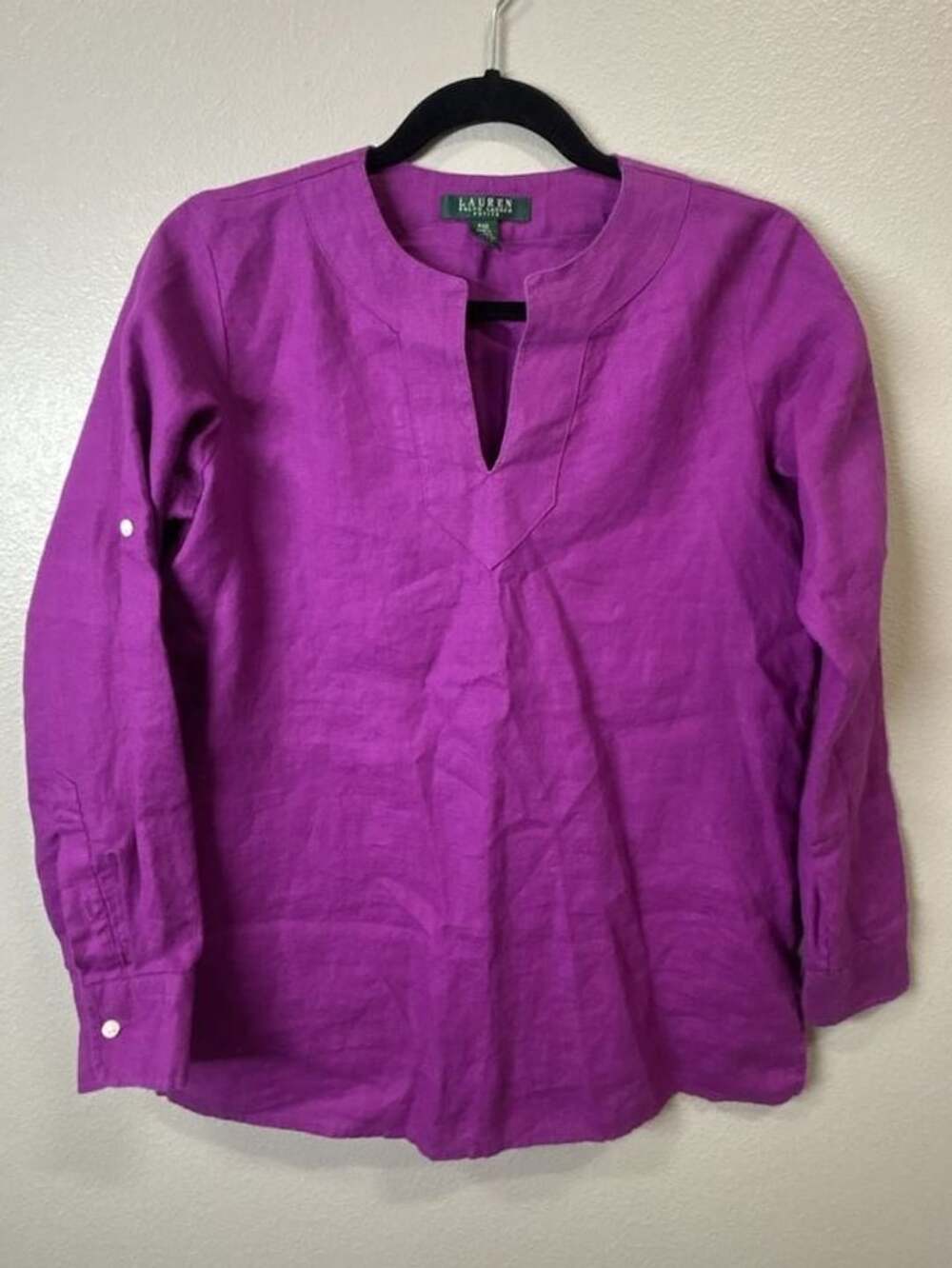 Lauren Ralph Lauren Linen Blouse PXS Purple Roll-Up Long Sleeve